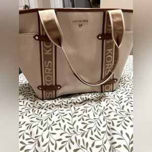 Michael Kors Tan and Brown Leather/Canvas Tote Bag